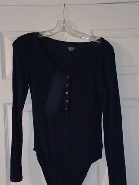 aerie Black Long-Sleeve Ribbed Henley Bodysuit